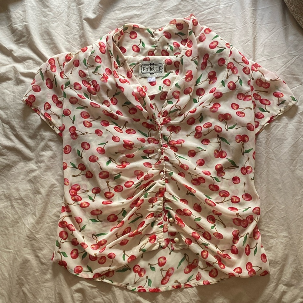 Vintage Cherry Top with Pearl Buttons
